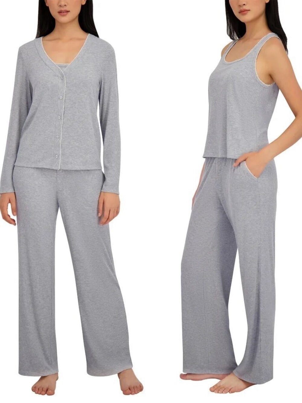 NEW Live2Lounge Women's 3-Pc Picot Ribbed Lounge Set NWT M Tank Cardigan Pants